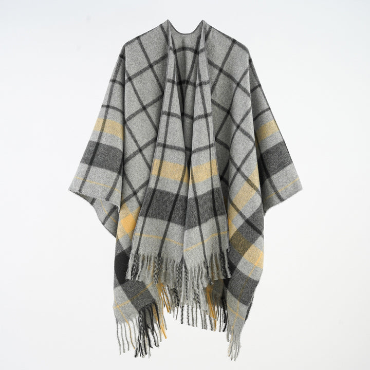 Women's Soft Wool Blend Tartan Inspired Check Poncho with Fringes Mune Fashion