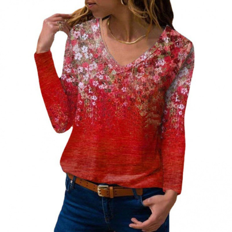 Women Long Sleeve V-Neck Tunic with Floral Watercolor Print and Light Jersey Quality Mune Fashion