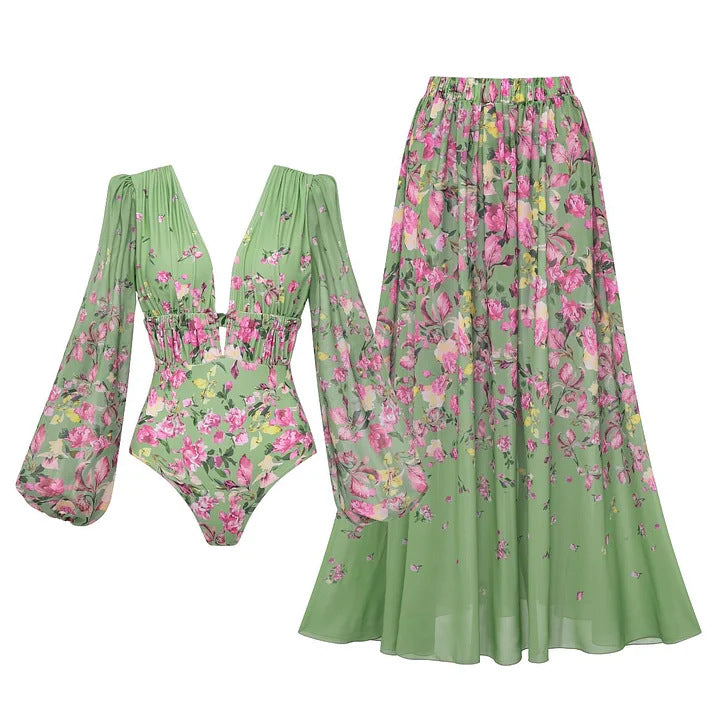 Women’s bikini set with floral cut and elegant maxi skirt Mune Fashion