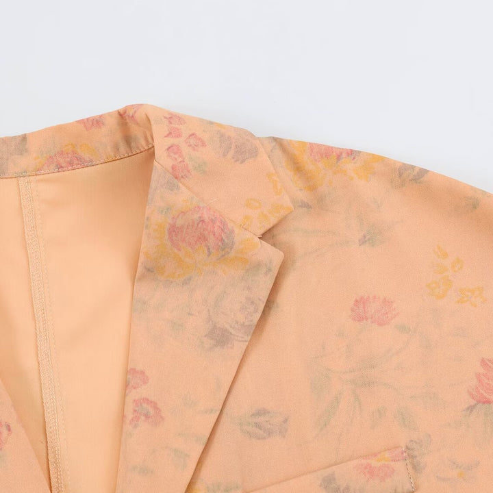 Women Boxy Blazer Jacket with Floral Silk Look, One Button Closure and Flap Pockets Mune Fashion