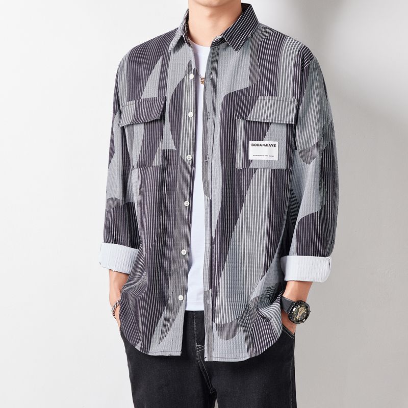 Men's Loose Shirt Jacket in Graphic Pinstripe Mix with Patch Chest Pockets Mune Fashion