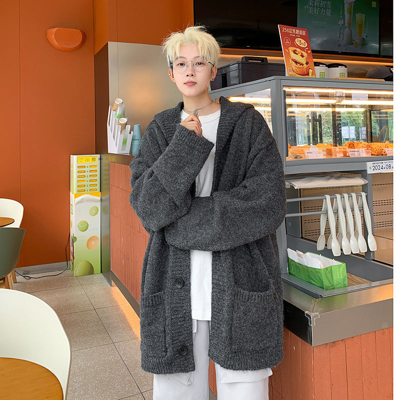 Unisex Oversized Mohair-Optics Knit Cardigan with Hood and Large Buttons Mune Fashion