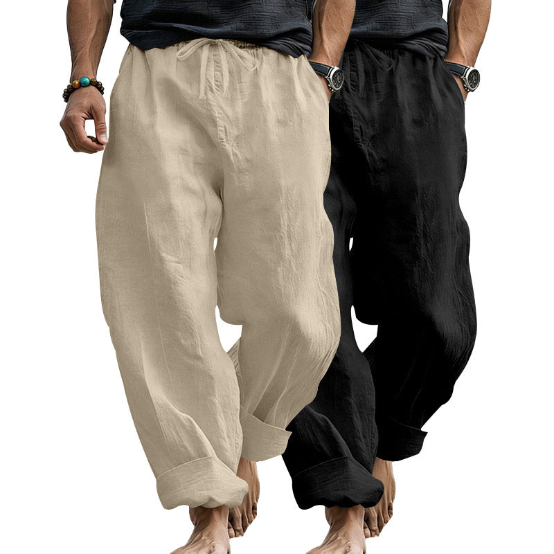 Men's Wide Comfort Casual Pants Made of Linen Blend with Drawstring, Side Pockets and Cuffed Mune Fashion
