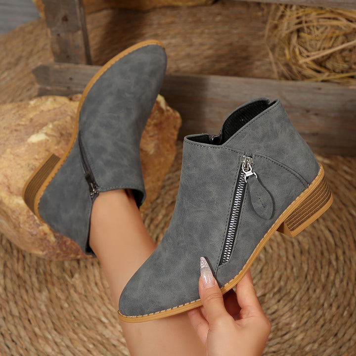 Women's Short Ankle Boots with Side Zipper and Stacked Block Heel Mune Fashion