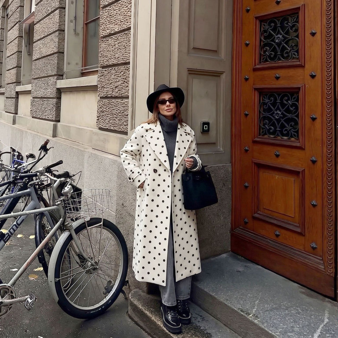 Women's midi coat in polka dot pattern with lapel collar and double-breasted button placket Mune Fashion