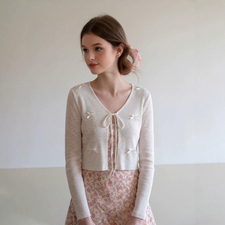 Women Cropped Fine Knit Cardigan with V-Neck, Tie Strap and Decorative Bows Mune Fashion