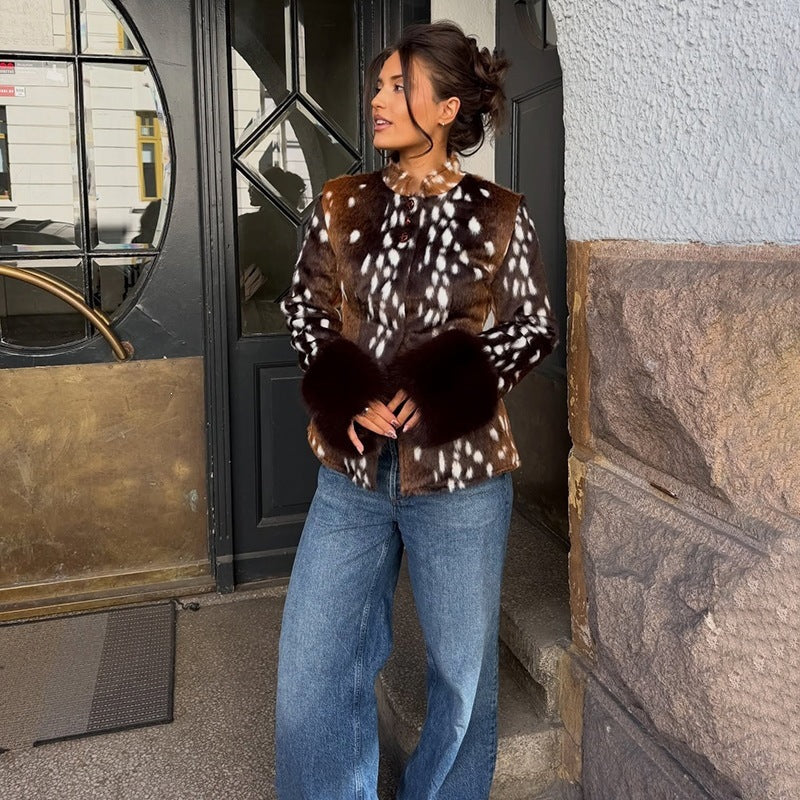 Women's Tailored Short Jacket with Leopard Print and Faux Fur Cuffs Mune Fashion
