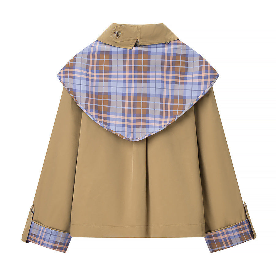 Women's Short Jacket with Removable Check Scarf Collar and Embroidered Patch Pocket Mune Fashion
