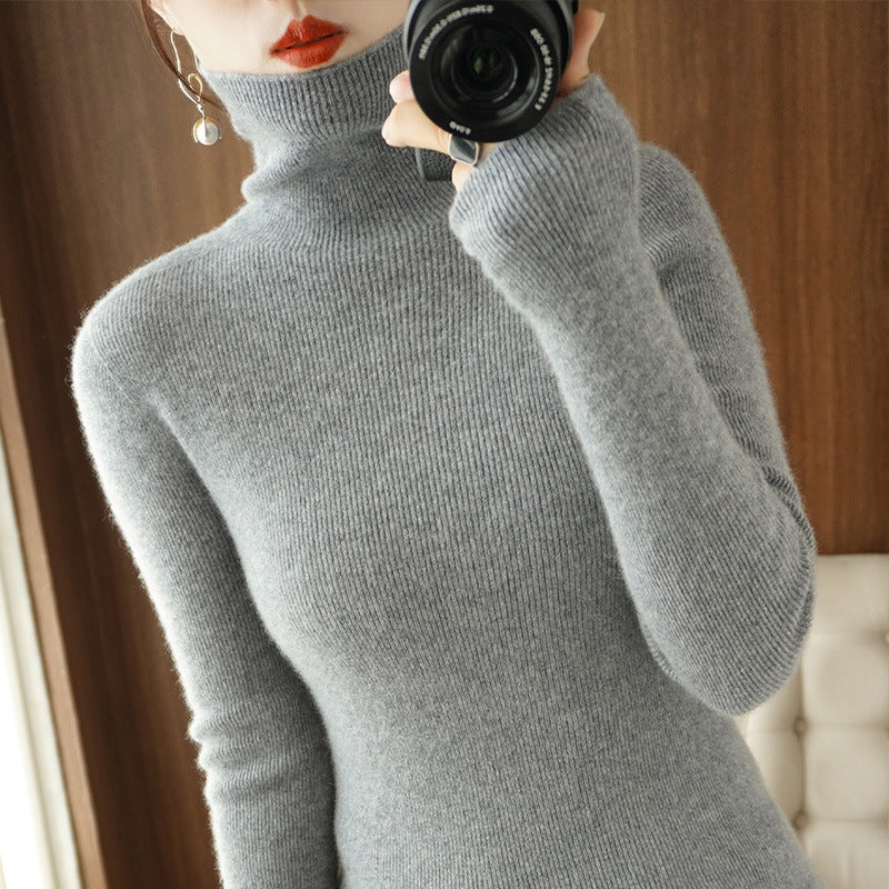 Women's Slim Roll Neck Sweater made of Cashmere Mix with Extra Long Sleeve Cuffs Mune Fashion