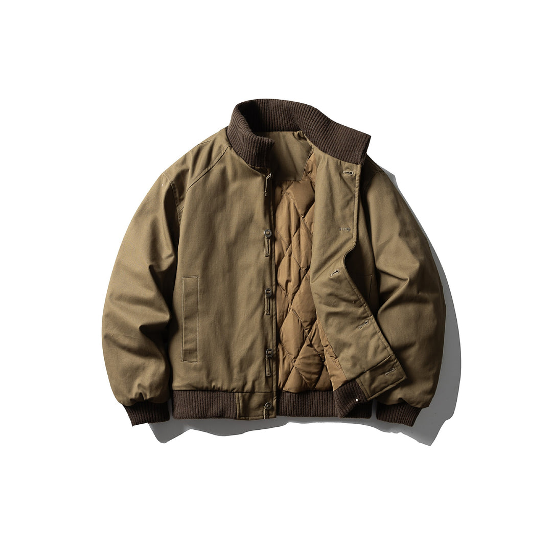 Men's Canvas Bomber Jacket with Ribbed Hem and High Stand Collar Mune Fashion