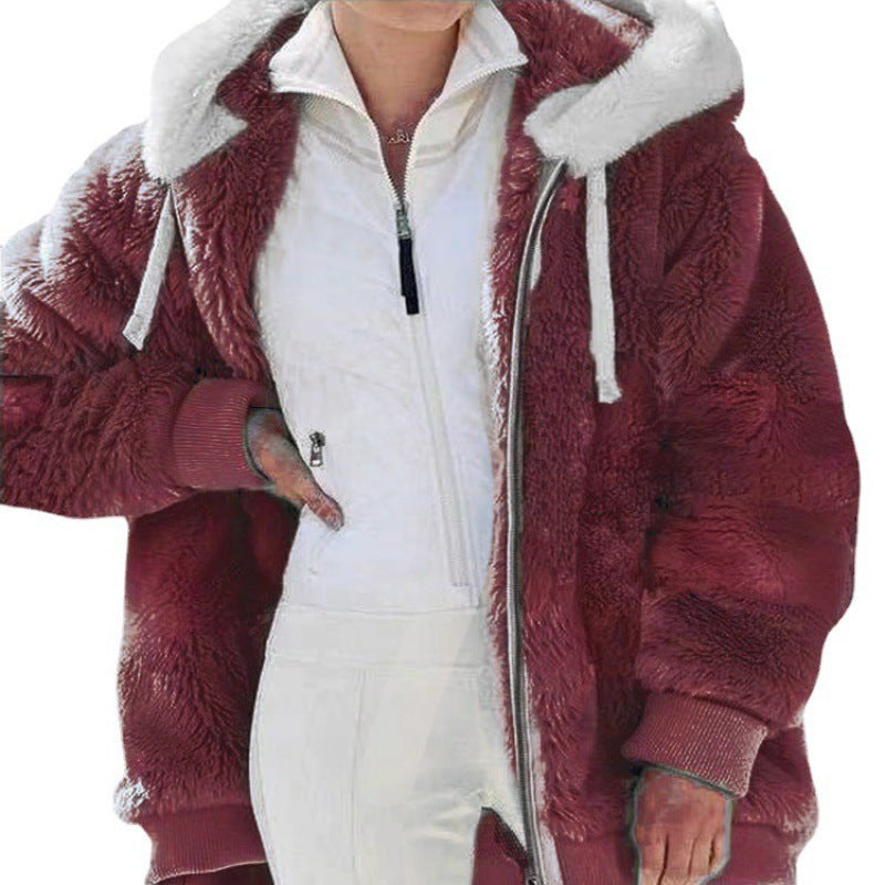 Women's Oversized Sherpa Zip Jacket with Contrast Collar, Ribbed Cuffs, and Drawstring Mune Fashion