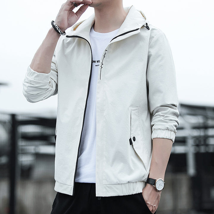 Men's Lightweight Hooded Windbreaker in Urban Minimal Style with Concealed Zipper and Elastic Cuffs.