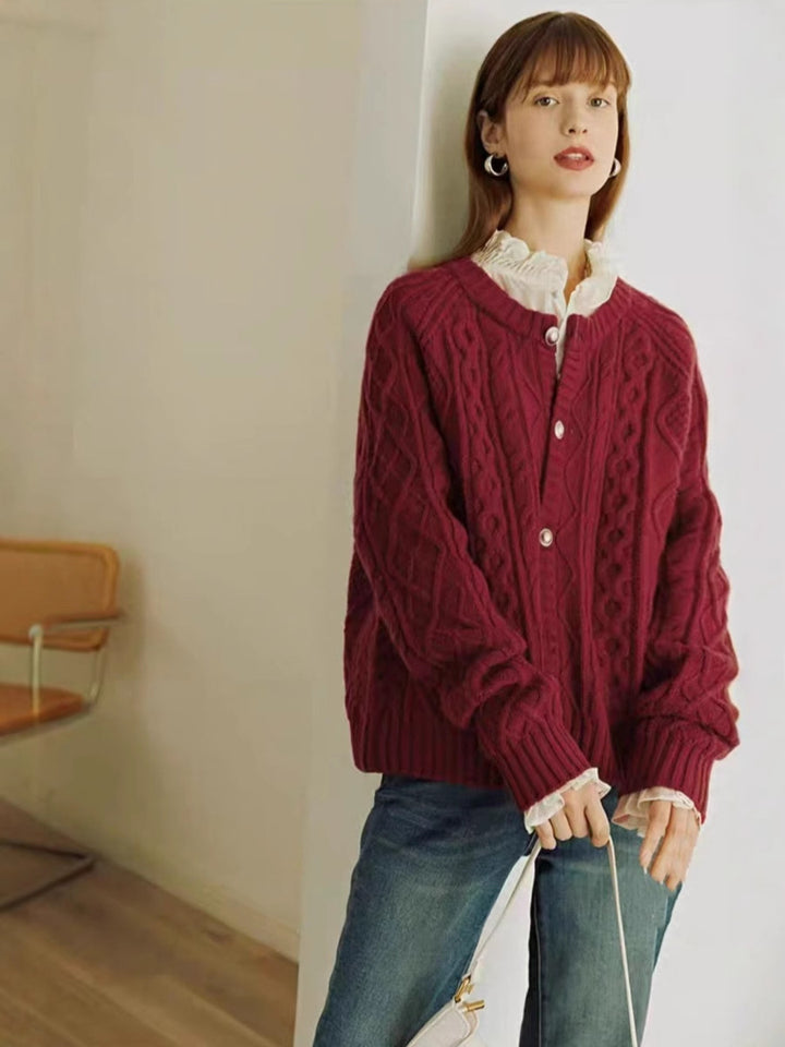 Ladies Cozy Braid and Diamond Knit Cardigan with Mother-of-Pearl Button Placket Mune Fashion