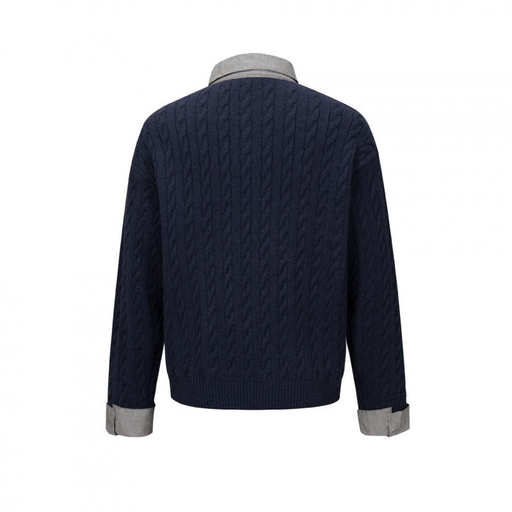 Men's Structured Cable Knit Henley Sweater with Contrast Shirt Collar and Cuff Turn-ups Mune Fashion