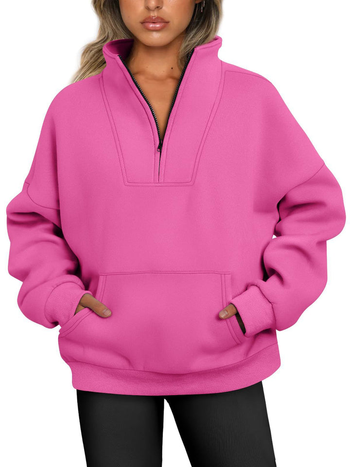 Women's oversized half-zip hoodie with high stand collar, kangaroo pocket, and ribbed cuffs Mune Fashion