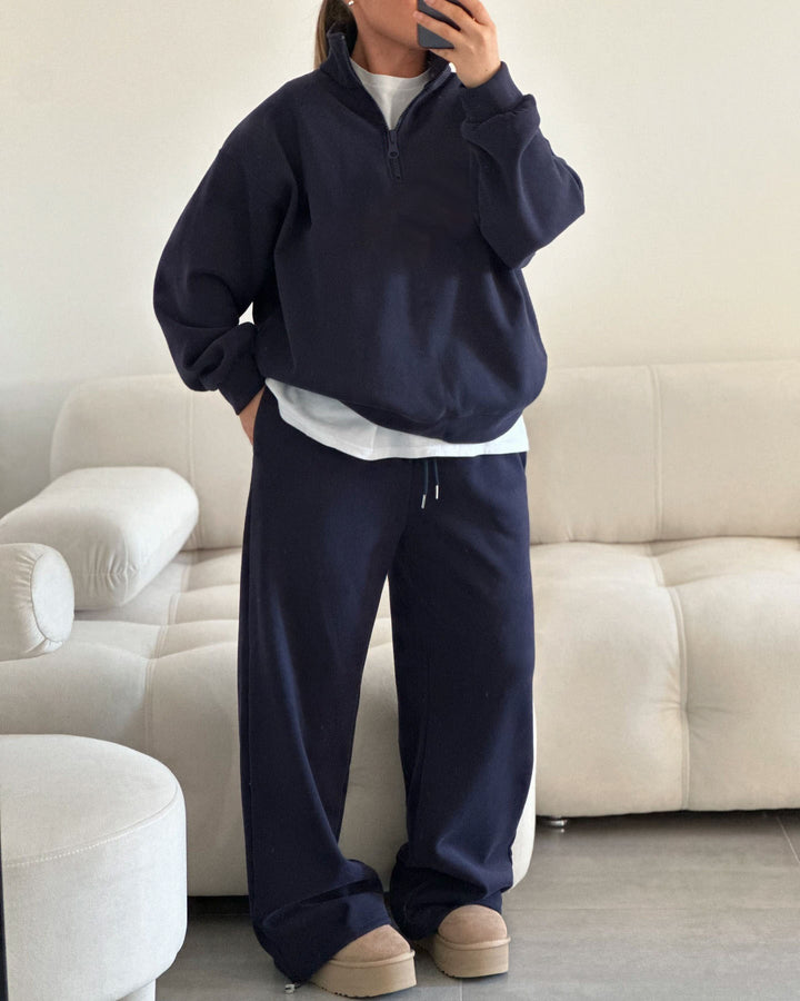 Women nan Oversize Half-zip Pullover with Stand-up Collar and Wide Lounge Pants Set Mune Fashion