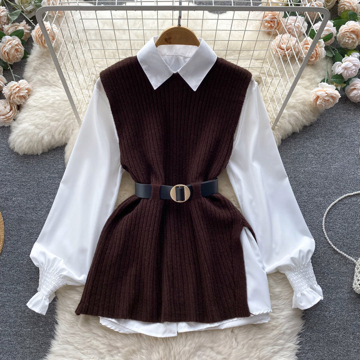 Ladies layering look blouse with ribbed knit overlay and waistbelt Mune Fashion