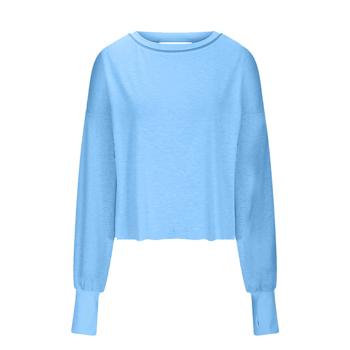 Women's cropped sweatshirt with crossover cut-out back and raw hem edges Mune Fashion