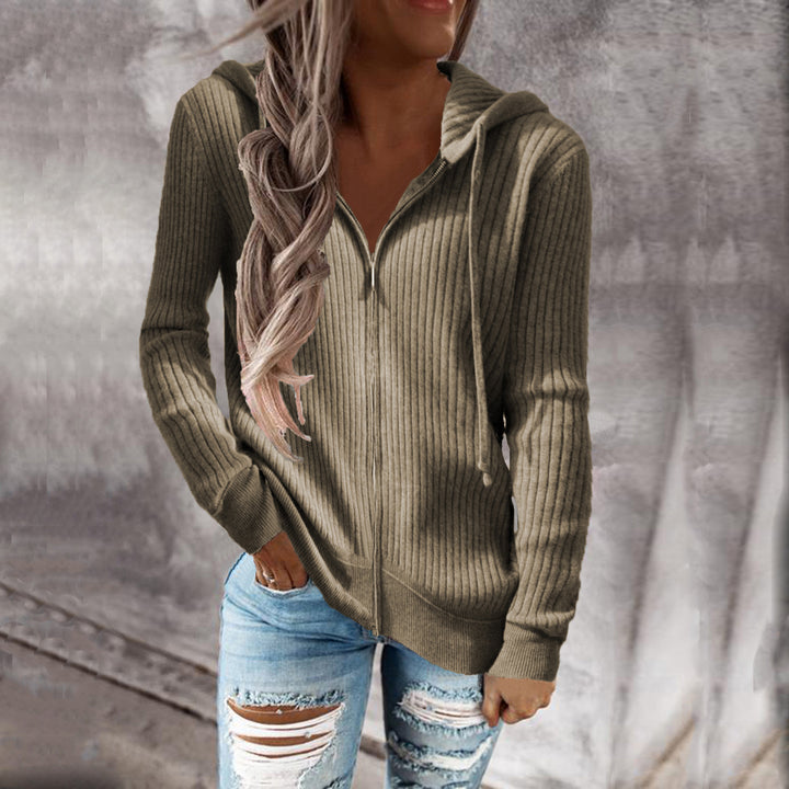 Women's Ribbed Hooded Sweater with Zipper and Front Pockets Mune Fashion