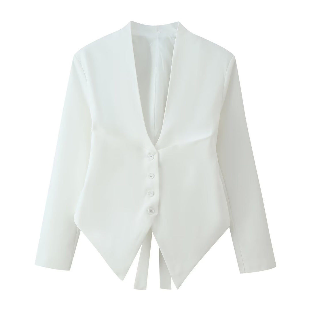 Women tailored blazer jacket with shawl collar, asymmetrical pointed hem and button closure Mune Fashion