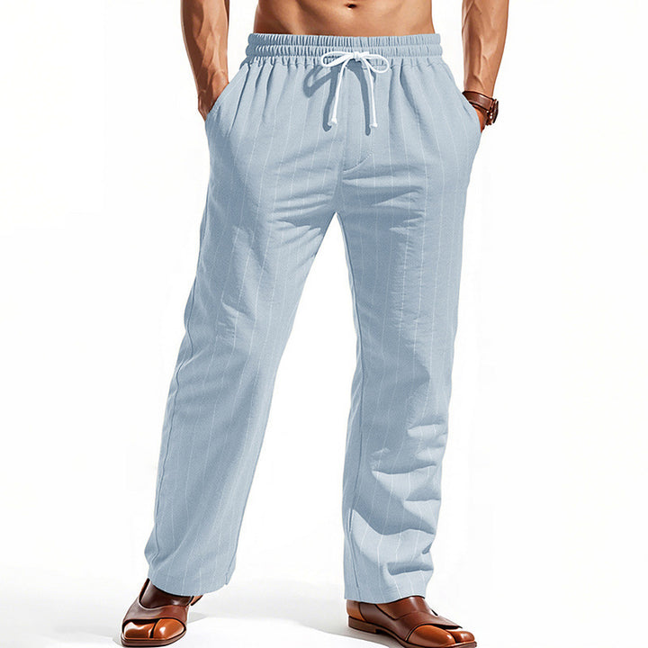 Men's Casual Pinstripe Leisure Pants with Elastic Drawstring Waist, Side Pockets, and Straight Leg Mune Fashion