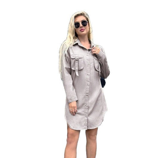 Women Oversized Shirt Dress with Flap Pockets and Curved Hem Mune Fashion