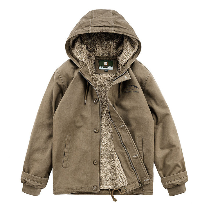 Men's Hooded Canvas Parka with Teddy Fleece Lining and Wind Protection Placket Mune Fashion