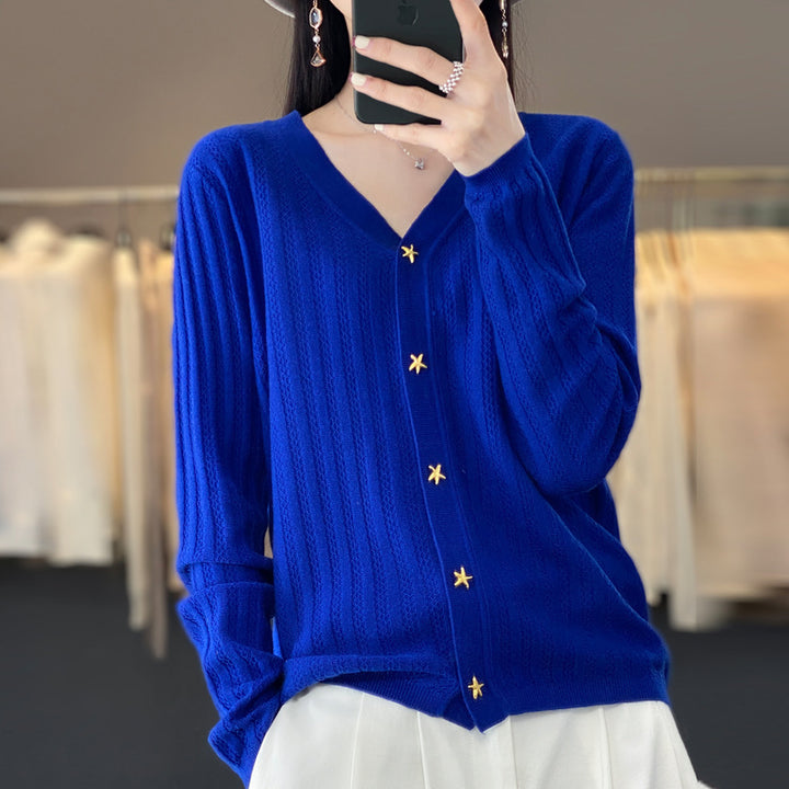 Women Lightweight V-Neck Cardigan with Textured Vertical Stripes and Star Buttons Mune Fashion