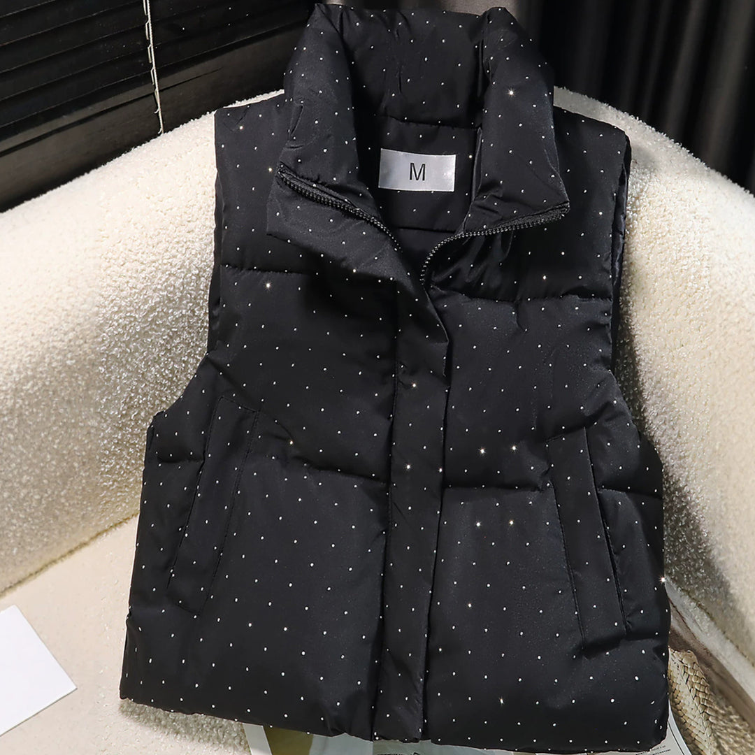 Women's Padded Quilted Vest with High Collar and Discreet Rhinestone Applications Mune Fashion