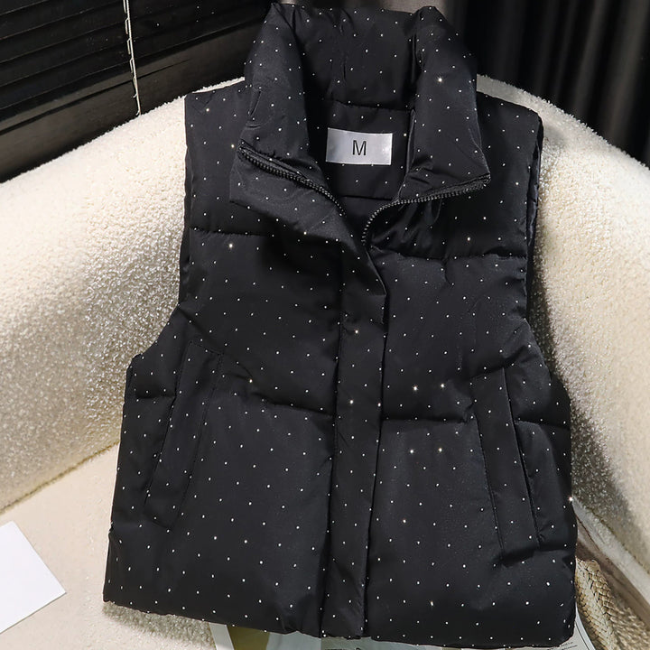 Women's Padded Quilted Vest with High Collar and Discreet Rhinestone Applications Mune Fashion