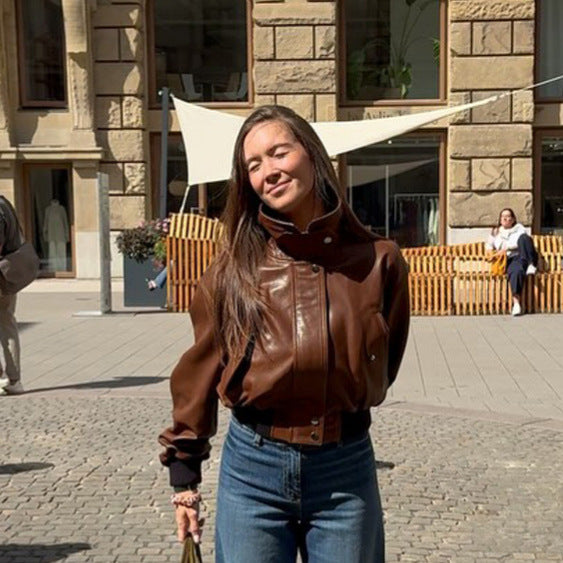 Women's short-cut leather blouse jacket with high stand-up collar and balloon sleeves Mune Fashion