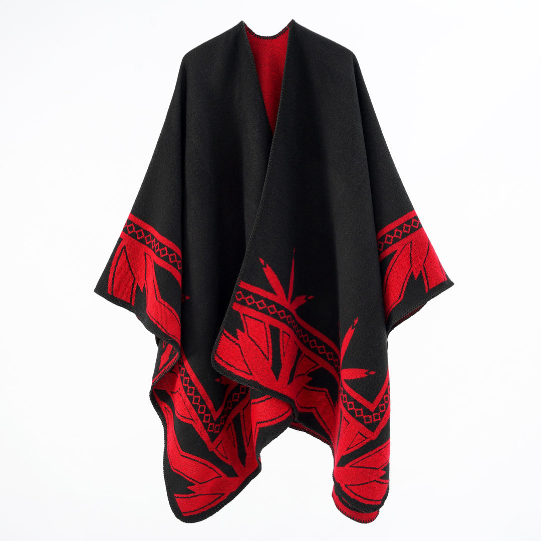 Women's Coarse Woven Poncho Cape made of Wool Blend with V-Neck and Ornamental Jacquard Mune Fashion