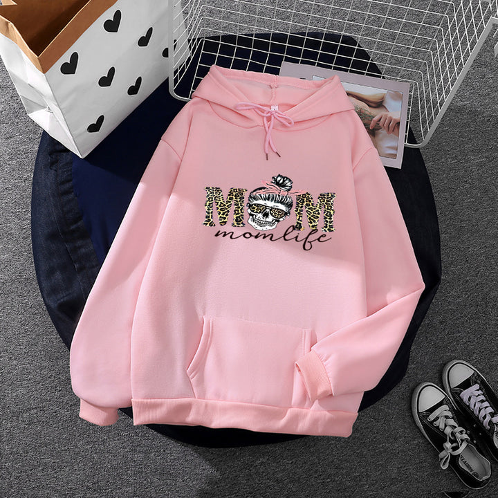 Women Hooded Sweatshirt with "Momlife" Skull Print, Kangaroo Pocket, Soft Fleece Lining and Loose Oversized Fit Mune Fashion