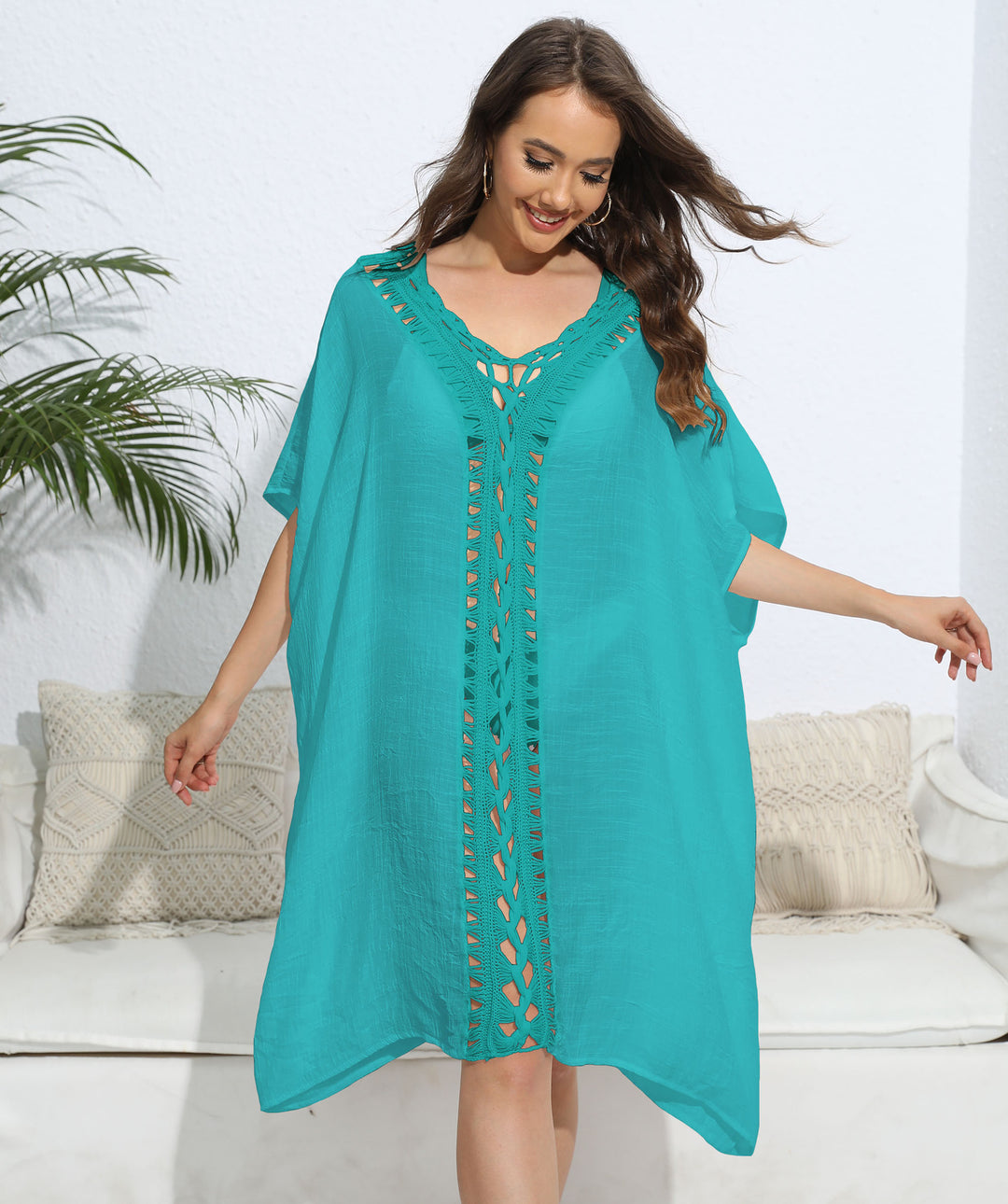 Women's airy kaftan with delicate crochet pattern Mune Fashion