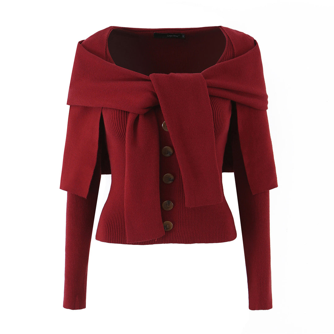 Women's shoulder knit cardigan with removable shoulder shawl detail Mune Fashion
