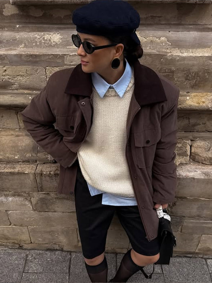 Women's Boxy Utility Short Coat with Contrast Collar and Patch Pockets Mune Fashion