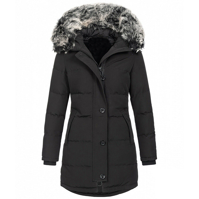 Women's thermo parka with fitted silhouette, button placket & removable faux fur hood Mune Fashion