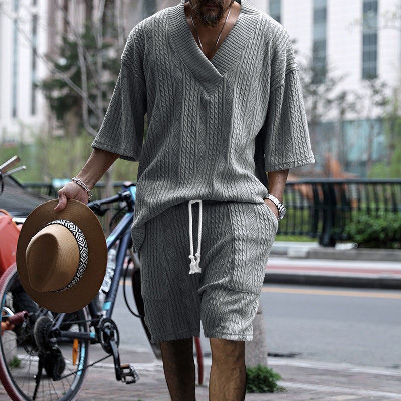 Men's urban braid knit two-piece with deep V-neck, boxy fit and drawstring shorts Mune Fashion