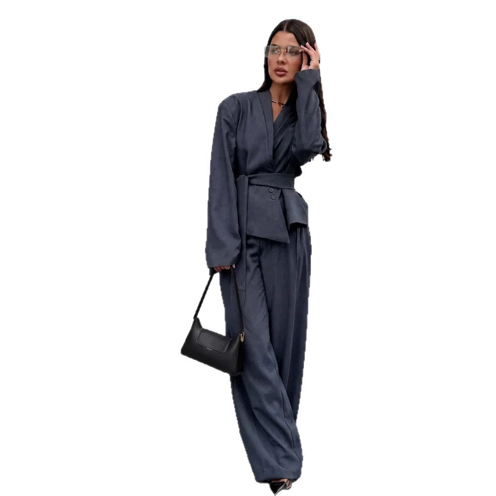 Women's Elegant Wrap Blazer Set with Waist Belt and Wide Pleated Trousers Mune Fashion