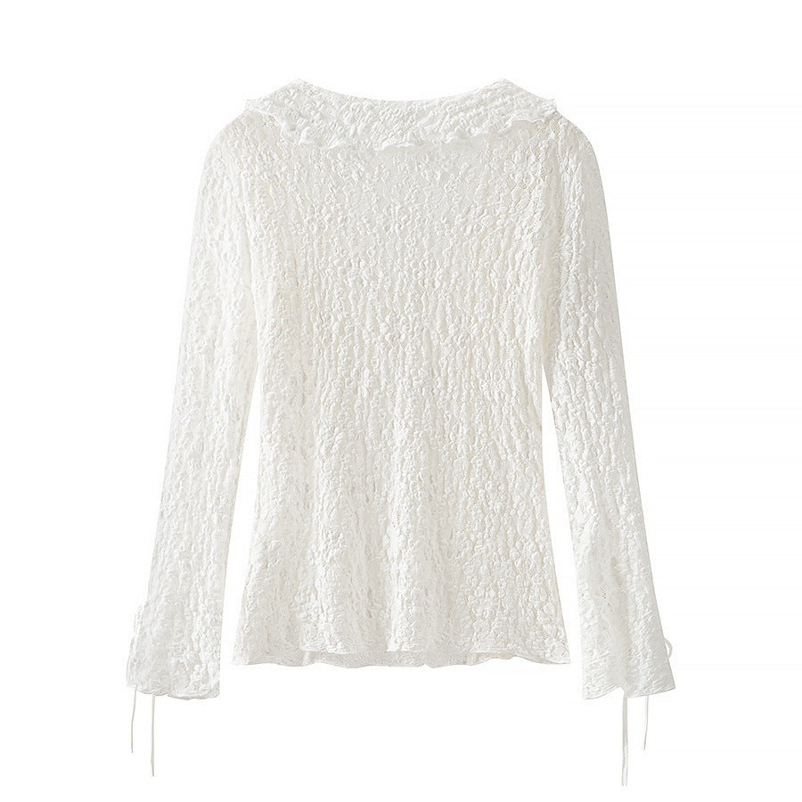 Ladies figure-hugging lace blouse with ruffle V-neck and tie detail Mune Fashion