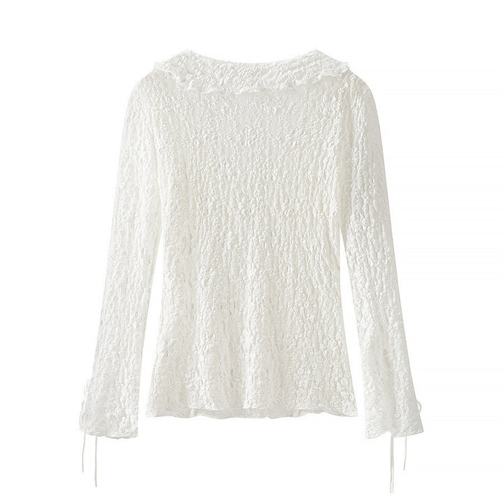 Ladies figure-hugging lace blouse with ruffle V-neck and tie detail Mune Fashion
