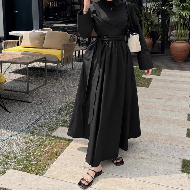 Women's maxi dress in shirt blouse style with waist wrap, wide flared skirt and wide cuffs Drune