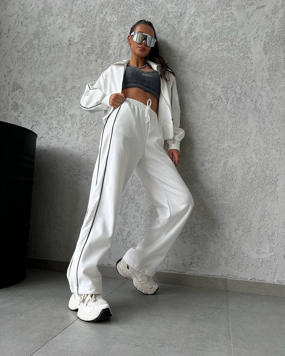 Women's casual sweatset with stand-up collar zip cropped jacket and high-waisted flared pants Mune Fashion