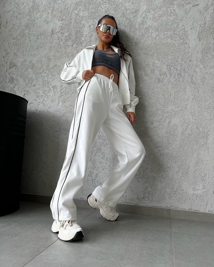 Women's casual sweatset with stand-up collar zip cropped jacket and high-waisted flared pants Mune Fashion