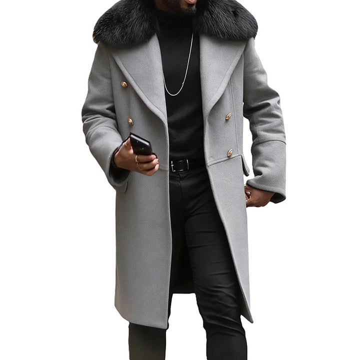 Men's Double-Breasted Wool Coat with Large Faux Fur Collar Mune Fashion