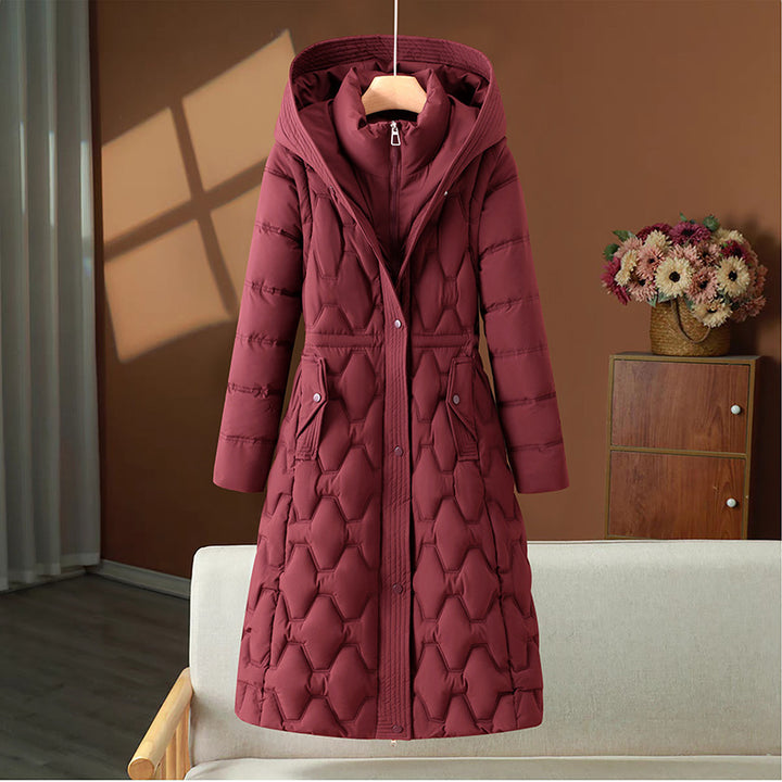 Women's longer quilted coat with honeycomb quilt, hood and tailored A-line Mune Fashion