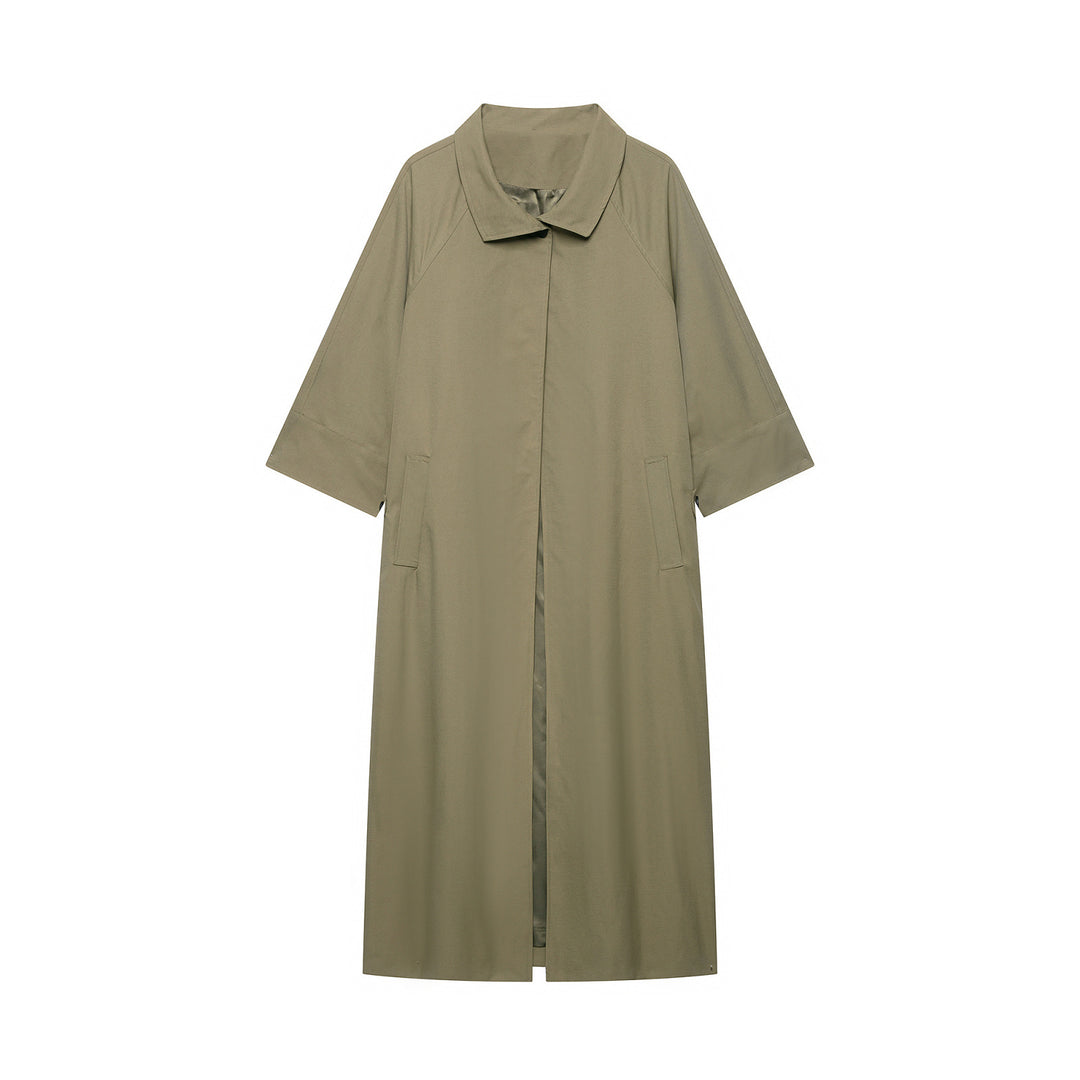 Women's Lightweight Long Trench Coat with Three-Quarter Length Sleeves and Hidden Button Placket Drune