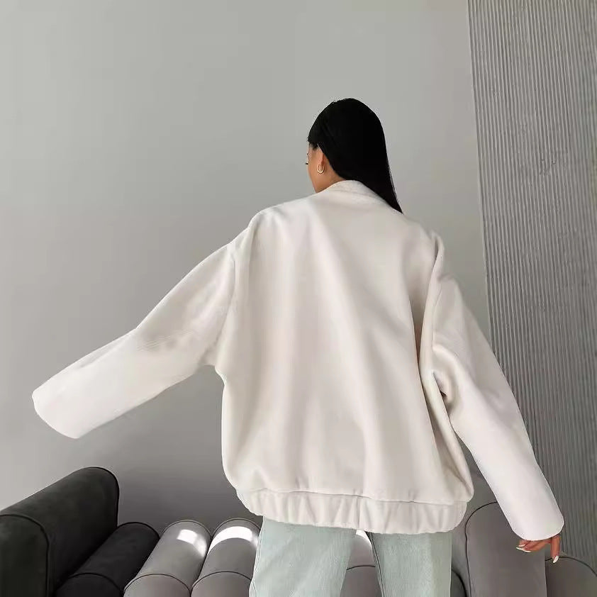 Women's short-cut boxy wool blend blouson with snap button placket and patch pockets Mune Fashion