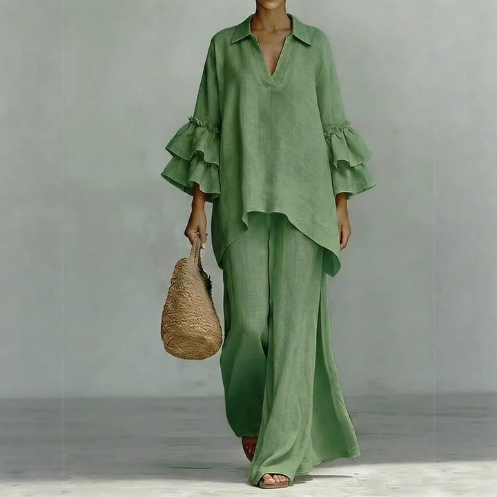 Ladies Linen Loungewear Set with Ruffle Sleeves and Wide Palazzo Pants Mune Fashion