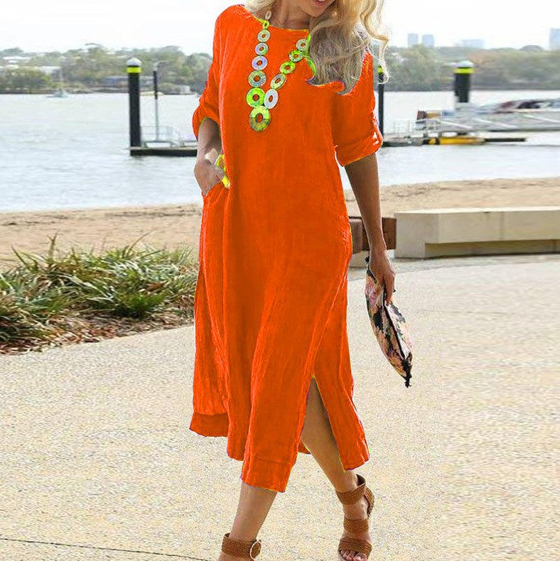 Women Linen Look Midi Dress with Side Slits, Patch Pockets and Three-Quarter Sleeves Mune Fashion